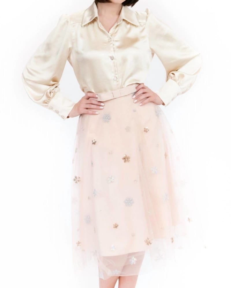 Front of a model wearing a size 10 Metallic Tulle Skirt In Snowflake in Snowflake by EVA FRANCO. | dia_product_style_image_id:359065